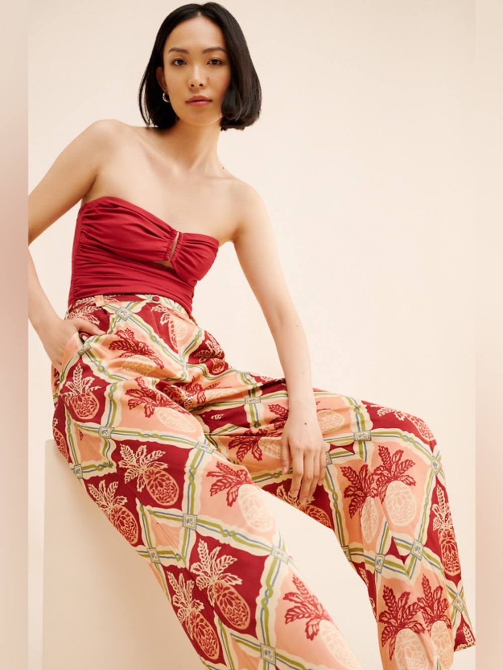 Farm Rio x Anthropologie Pineapple Satin Wide-Leg Pants XS